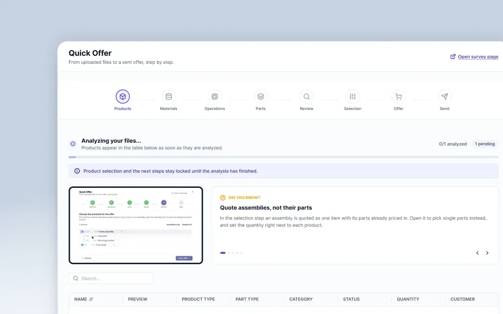 Der Quick-Offer-Bildschirm von steelit analysiert eine hochgeladene Datei, mit den Schritten von den Produkten bis zum Versand des Angebots