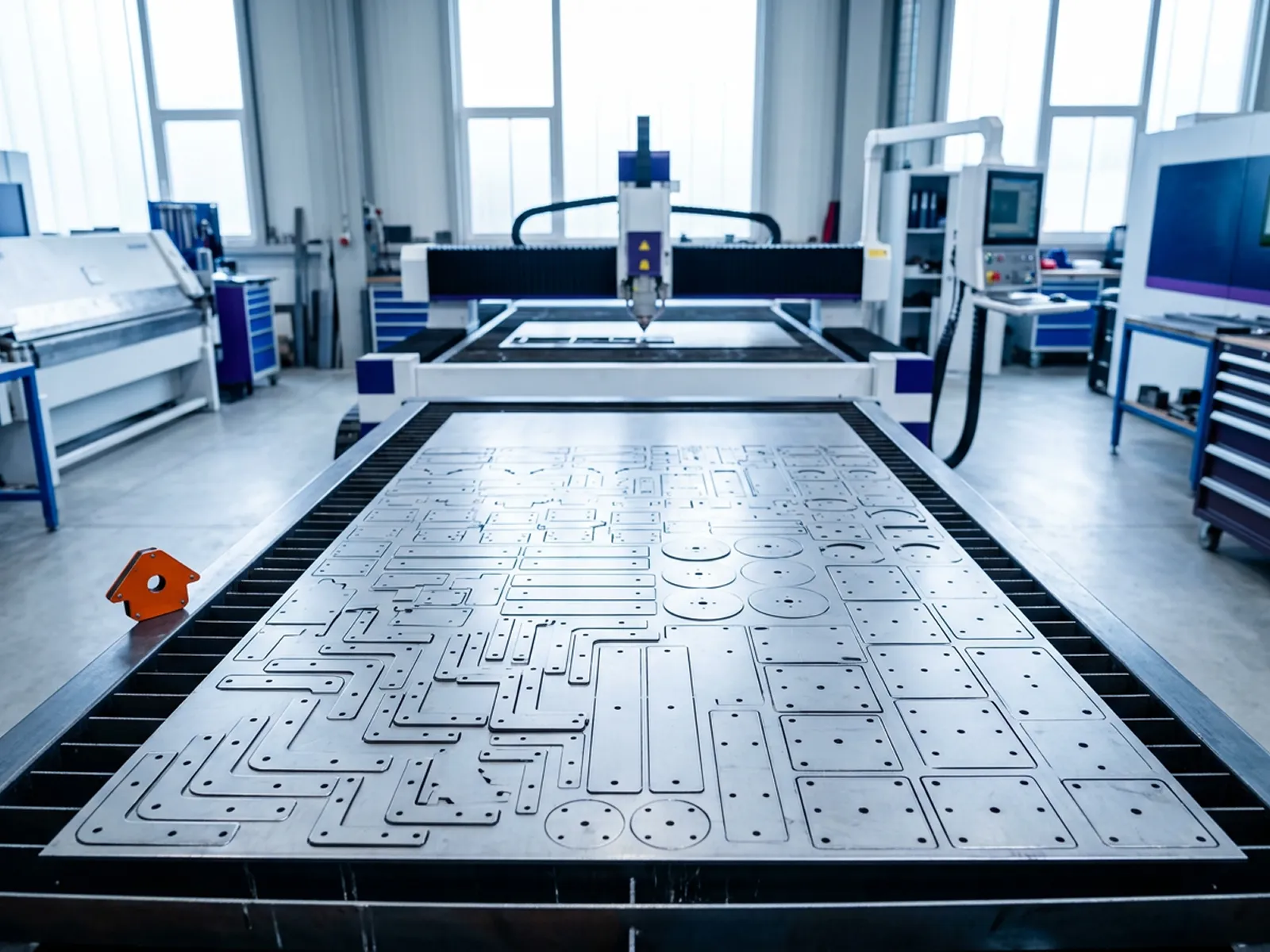 Sheet metal parts nested on a raw sheet